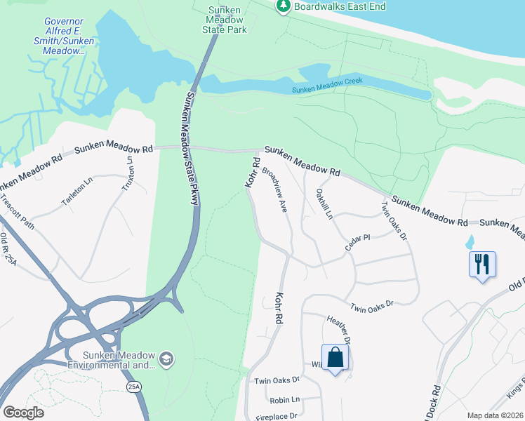 map of restaurants, bars, coffee shops, grocery stores, and more near 275 Kohr Road in Kings Park