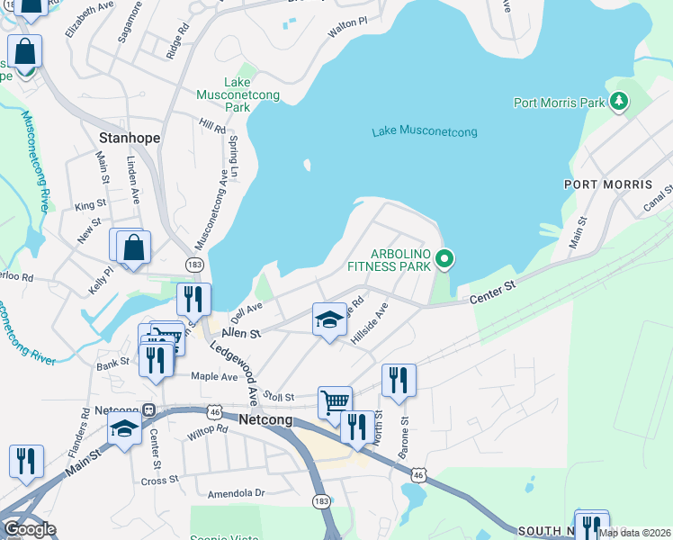 map of restaurants, bars, coffee shops, grocery stores, and more near 8 Koclas Drive in Netcong
