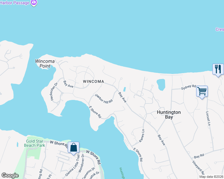 map of restaurants, bars, coffee shops, grocery stores, and more near 20 Harbor Hill Road in Huntington