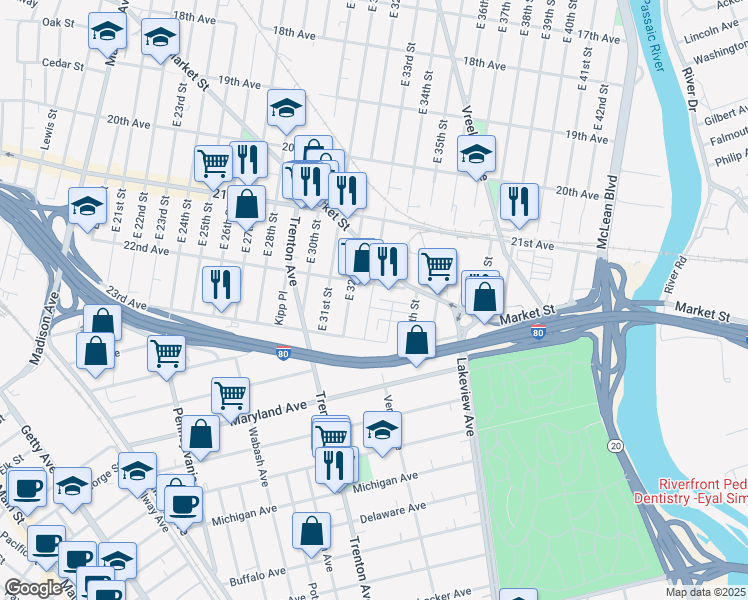 map of restaurants, bars, coffee shops, grocery stores, and more near 631 East 33rd Street in Paterson