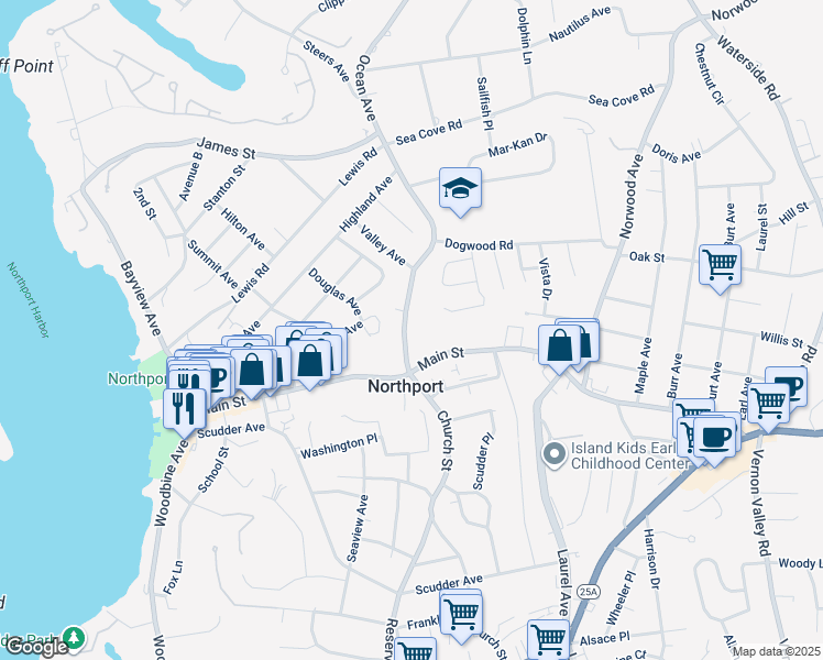 map of restaurants, bars, coffee shops, grocery stores, and more near 38 Ocean Avenue in Northport