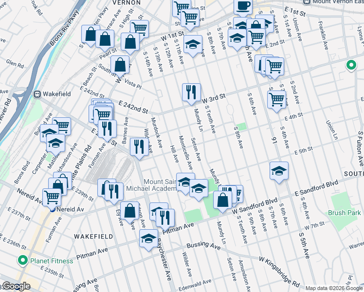 map of restaurants, bars, coffee shops, grocery stores, and more near 999 East 241st Street in The Bronx