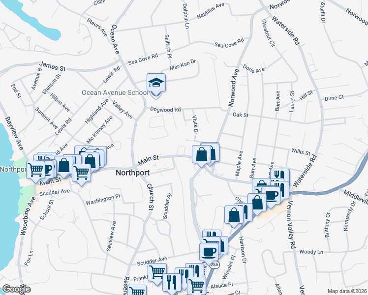 map of restaurants, bars, coffee shops, grocery stores, and more near 427 Main Street in Northport