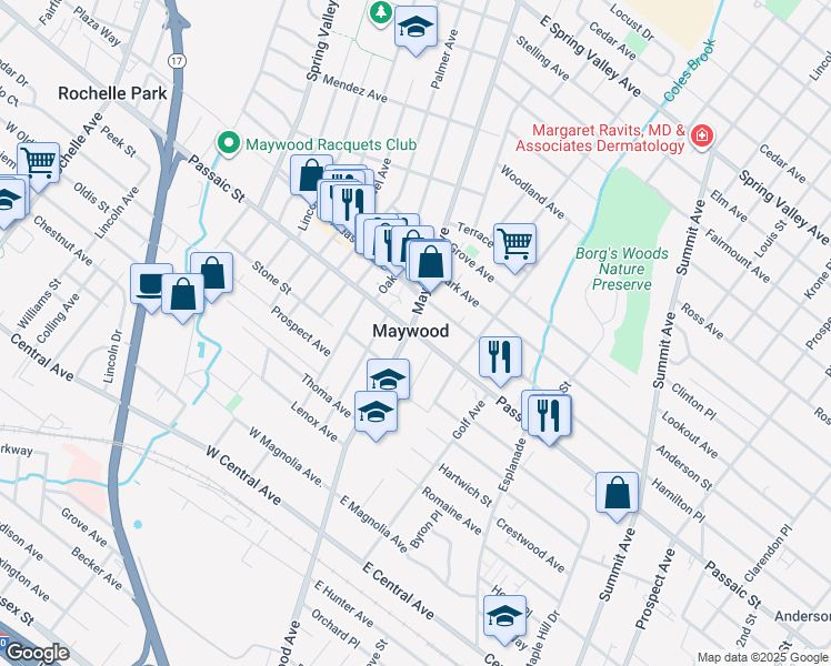 map of restaurants, bars, coffee shops, grocery stores, and more near in Maywood