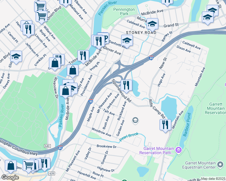 map of restaurants, bars, coffee shops, grocery stores, and more near 26 Chestnut Grove Avenue in Woodland Park