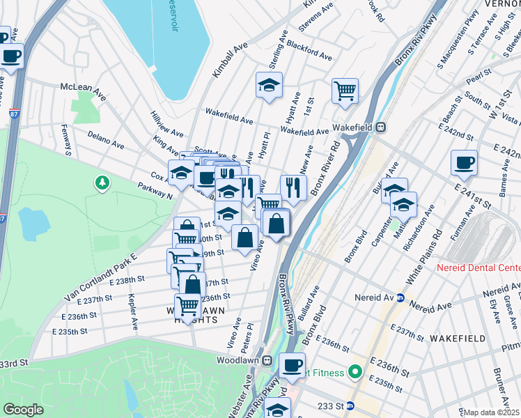 map of restaurants, bars, coffee shops, grocery stores, and more near in The Bronx