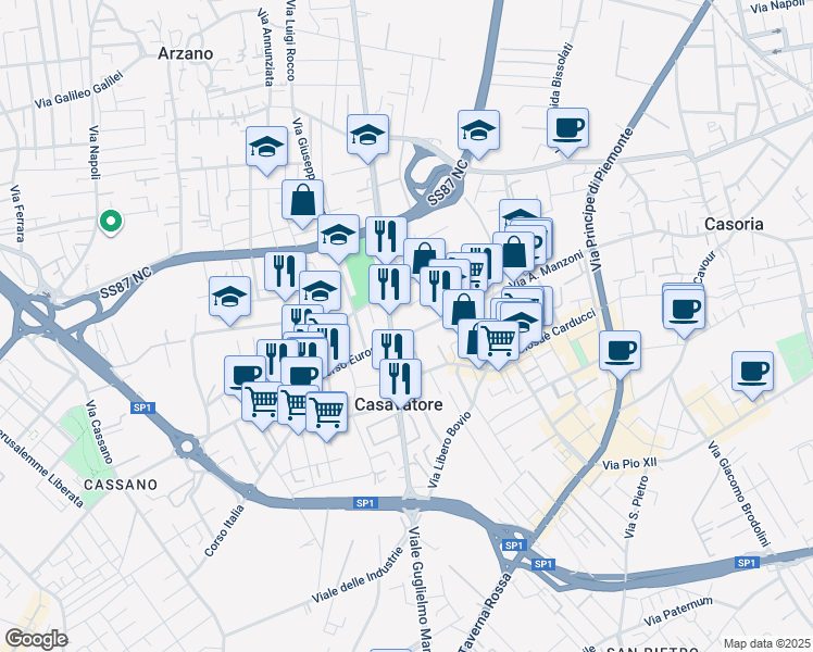map of restaurants, bars, coffee shops, grocery stores, and more near 1 Corso Europa in Casavatore