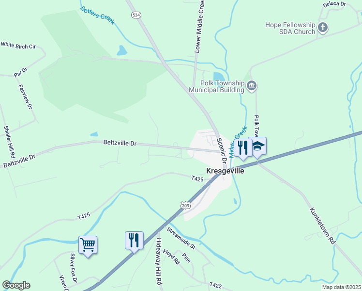 map of restaurants, bars, coffee shops, grocery stores, and more near 449 Beltzville Drive in Kunkletown
