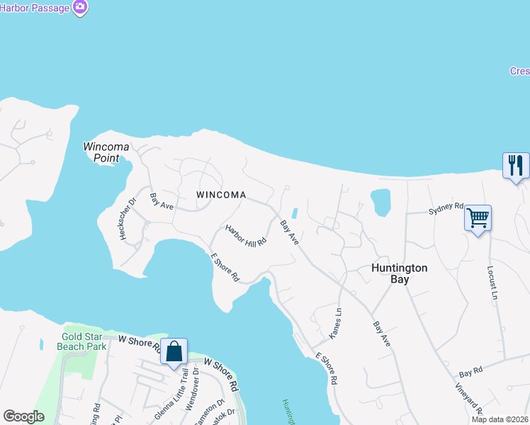 map of restaurants, bars, coffee shops, grocery stores, and more near 20 Harbor Hill Road in Huntington