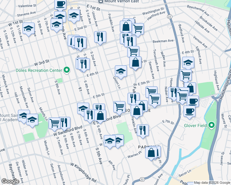 map of restaurants, bars, coffee shops, grocery stores, and more near 421 South 1st Avenue in Mount Vernon