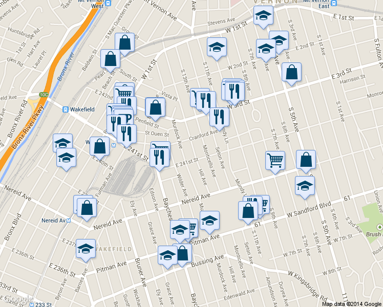 map of restaurants, bars, coffee shops, grocery stores, and more near 4466 Hill Avenue in Bronx