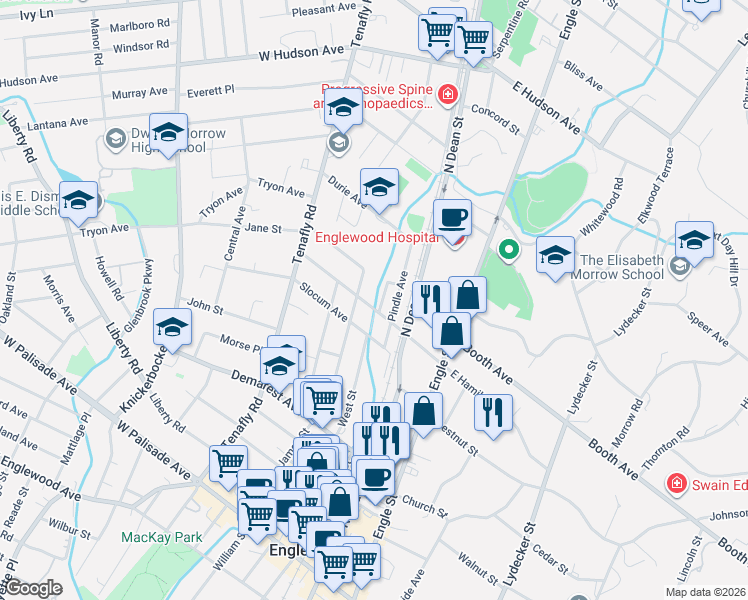 map of restaurants, bars, coffee shops, grocery stores, and more near 41 Slocum Avenue in Englewood