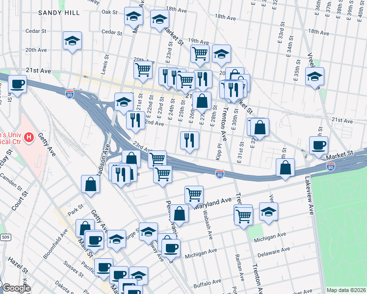 map of restaurants, bars, coffee shops, grocery stores, and more near 131 23rd Avenue in Paterson