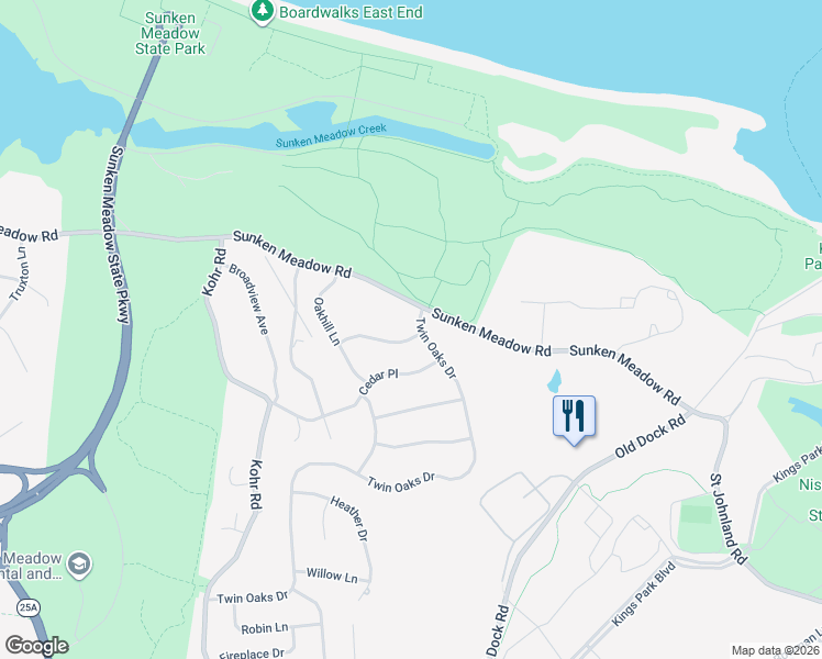 map of restaurants, bars, coffee shops, grocery stores, and more near 10 Twin Oaks Drive in Kings Park