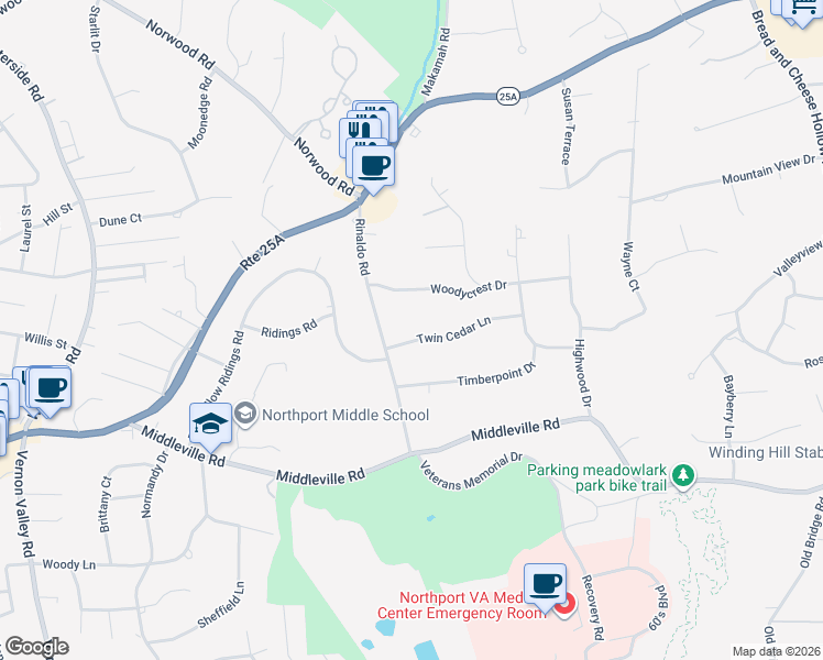 map of restaurants, bars, coffee shops, grocery stores, and more near 8 Twin Cedar Lane in Northport