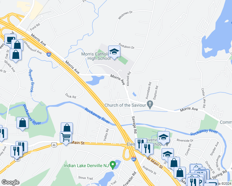 map of restaurants, bars, coffee shops, grocery stores, and more near 7 Lash Place in Denville