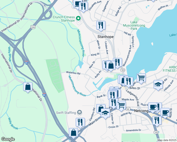 map of restaurants, bars, coffee shops, grocery stores, and more near 14 New Street in Stanhope