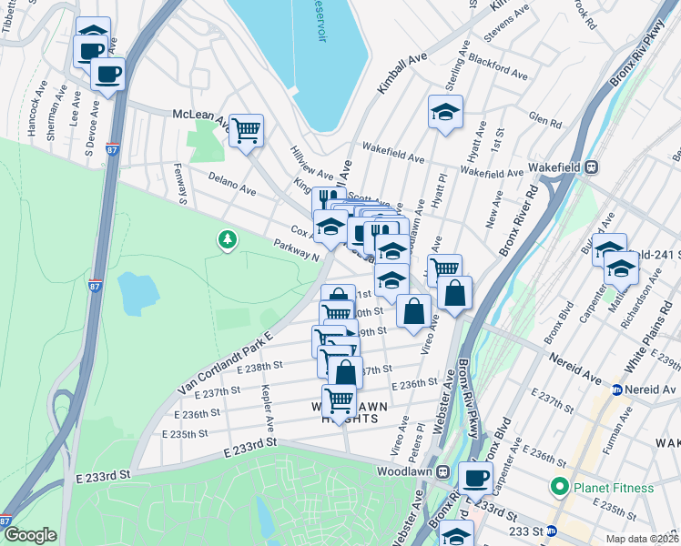 map of restaurants, bars, coffee shops, grocery stores, and more near 317 East 242nd Street in Bronx