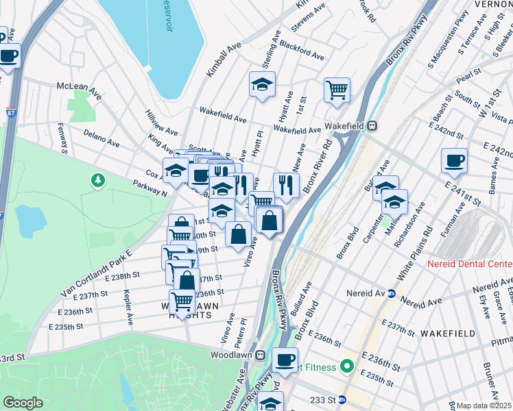 map of restaurants, bars, coffee shops, grocery stores, and more near in The Bronx