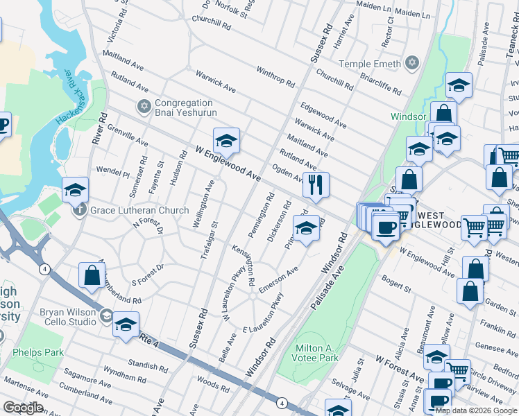 map of restaurants, bars, coffee shops, grocery stores, and more near 1308 Pennington Road in Teaneck