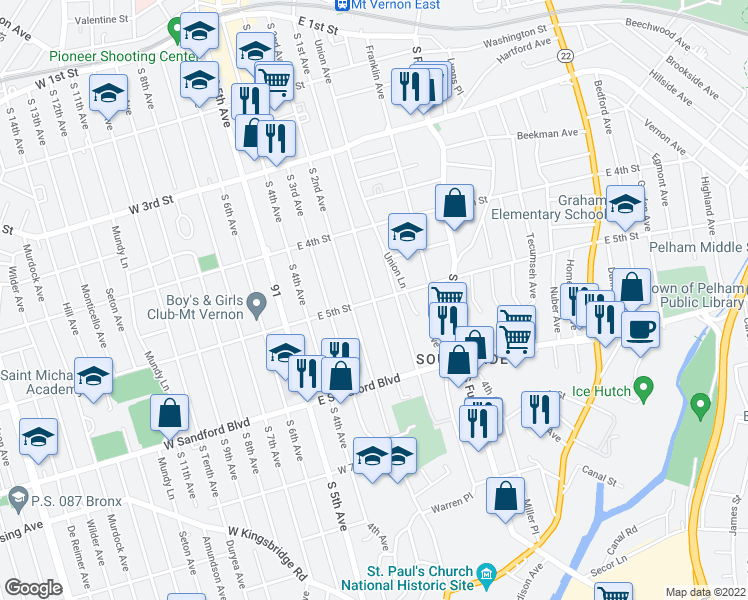 map of restaurants, bars, coffee shops, grocery stores, and more near E 5th St & S 1st Ave in Mt Vernon