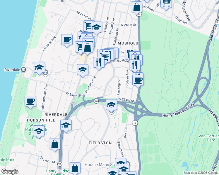 map of restaurants, bars, coffee shops, grocery stores, and more near 273 West 254th Street in Bronx