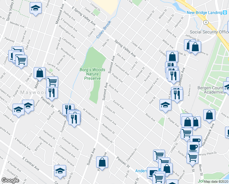 map of restaurants, bars, coffee shops, grocery stores, and more near 291 Ross Avenue in Hackensack
