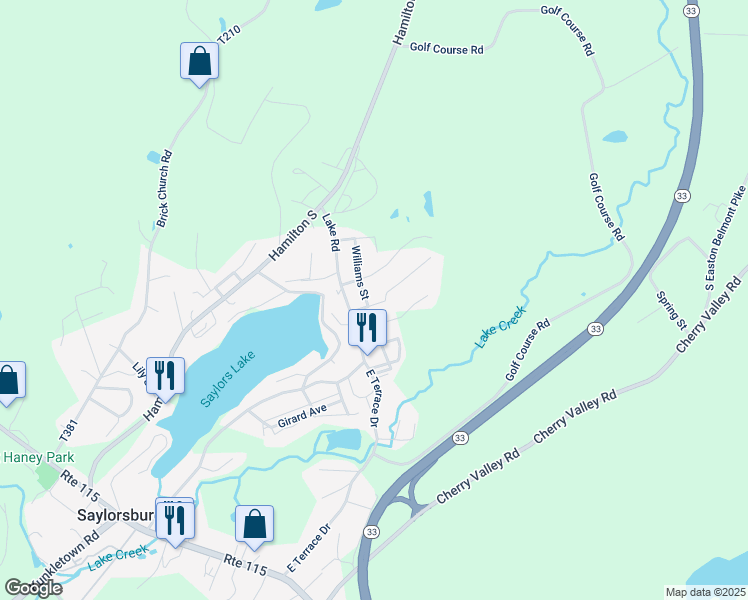map of restaurants, bars, coffee shops, grocery stores, and more near 113 Seitz Road in Saylorsburg