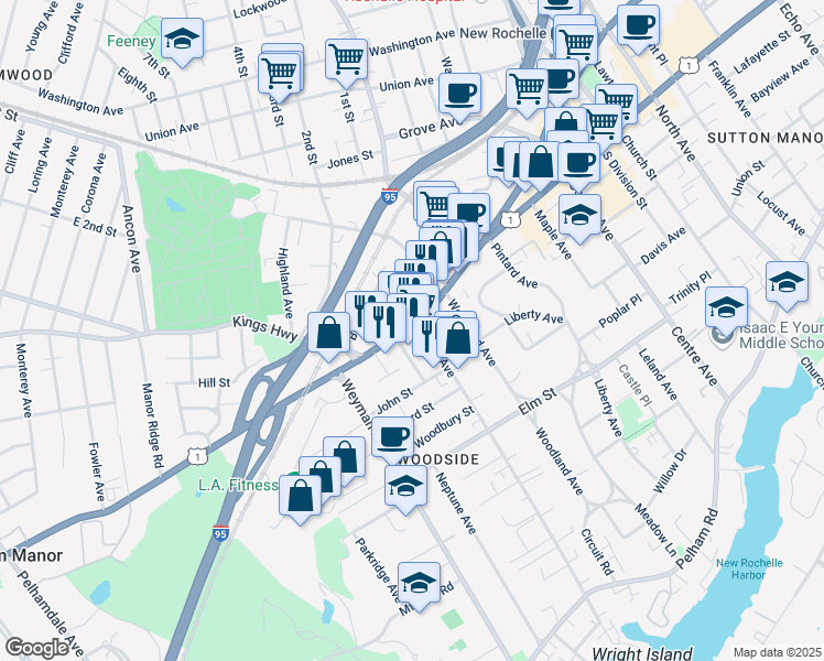 map of restaurants, bars, coffee shops, grocery stores, and more near 21 Drake Avenue in New Rochelle