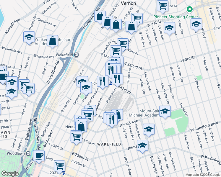 map of restaurants, bars, coffee shops, grocery stores, and more near 711 East 240th Street in The Bronx