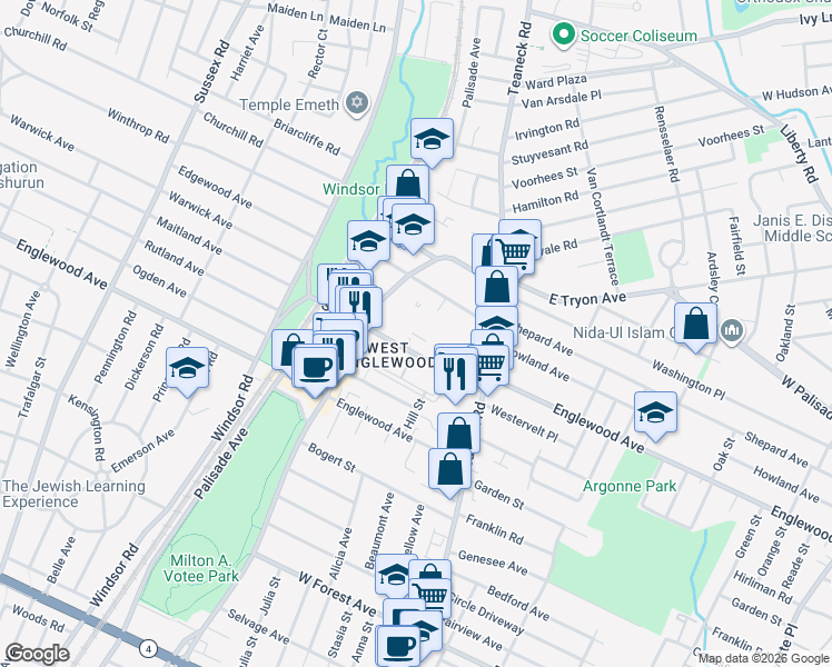 map of restaurants, bars, coffee shops, grocery stores, and more near in Teaneck