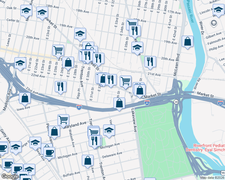 map of restaurants, bars, coffee shops, grocery stores, and more near 684 East 34th Street in Paterson
