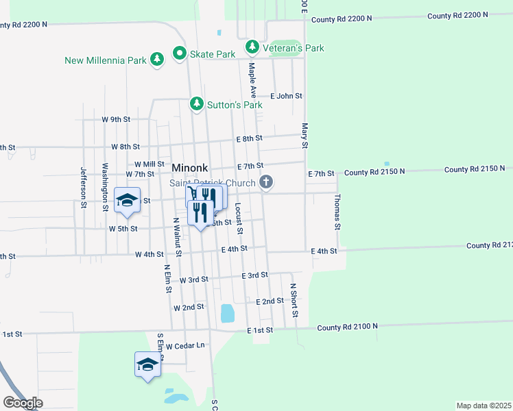 map of restaurants, bars, coffee shops, grocery stores, and more near 312-498 East 5th Street in Minonk