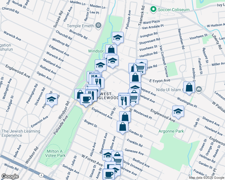 map of restaurants, bars, coffee shops, grocery stores, and more near 1494 Terrace Circle in Teaneck