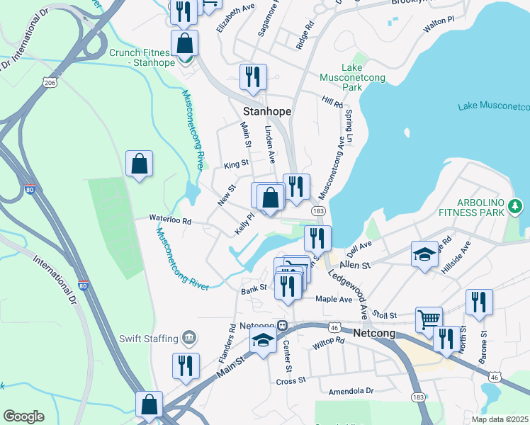 map of restaurants, bars, coffee shops, grocery stores, and more near 55 Main Street in Stanhope