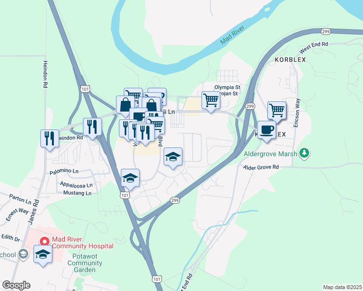 map of restaurants, bars, coffee shops, grocery stores, and more near 1282 Cedar Drive in Arcata