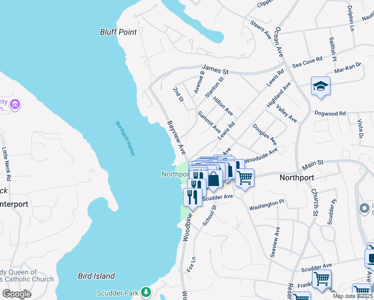 map of restaurants, bars, coffee shops, grocery stores, and more near 63 Bayview Avenue in Northport