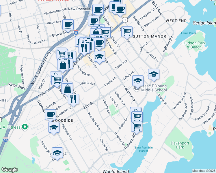 map of restaurants, bars, coffee shops, grocery stores, and more near 49 Elm Street in New Rochelle
