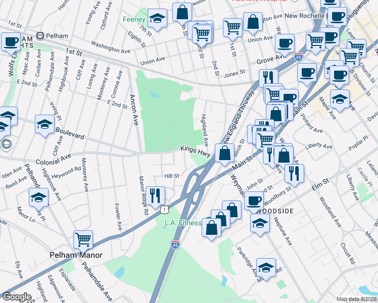 map of restaurants, bars, coffee shops, grocery stores, and more near 1 Hill Street in New Rochelle