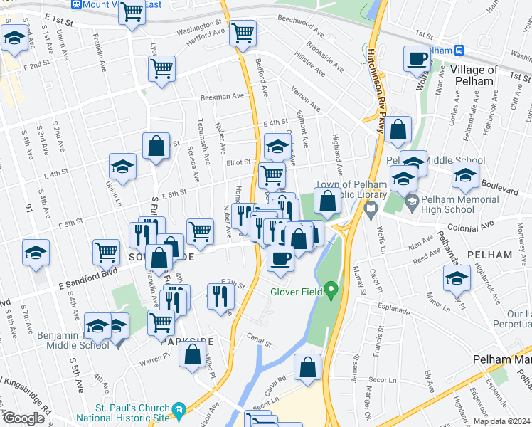 map of restaurants, bars, coffee shops, grocery stores, and more near 469 South Columbus Avenue in Mount Vernon