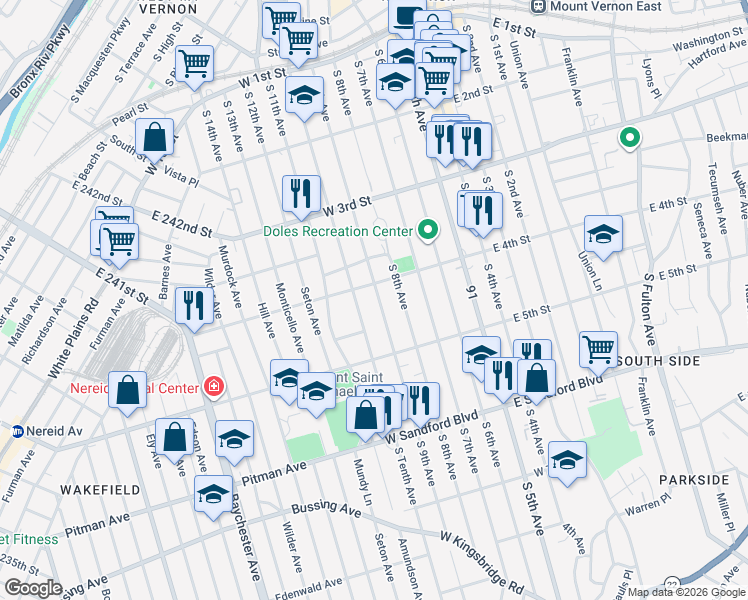 map of restaurants, bars, coffee shops, grocery stores, and more near 332 South 9th Avenue in Mount Vernon