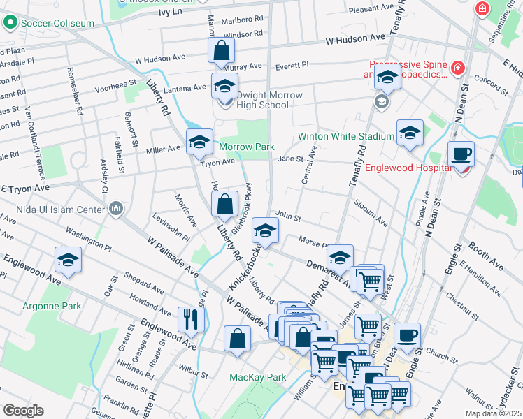 map of restaurants, bars, coffee shops, grocery stores, and more near 99 Glenbrook Parkway in Englewood