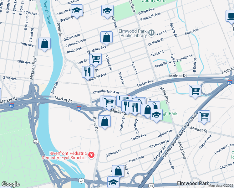 map of restaurants, bars, coffee shops, grocery stores, and more near 44 Chamberlain Avenue in Elmwood Park
