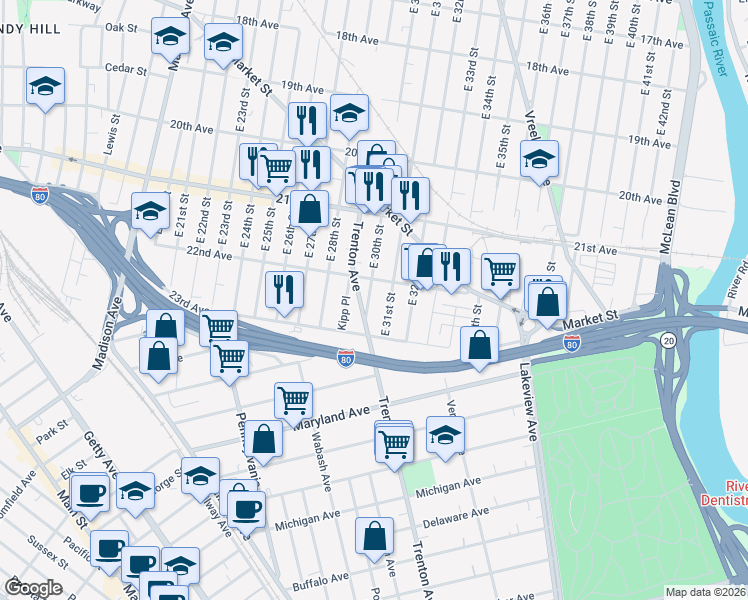 map of restaurants, bars, coffee shops, grocery stores, and more near 731 East 30th Street in Paterson