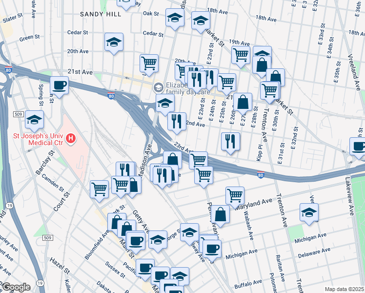 map of restaurants, bars, coffee shops, grocery stores, and more near 67 23rd Avenue in Paterson