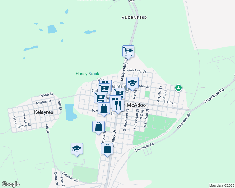 map of restaurants, bars, coffee shops, grocery stores, and more near 28 West Blaine Street in McAdoo