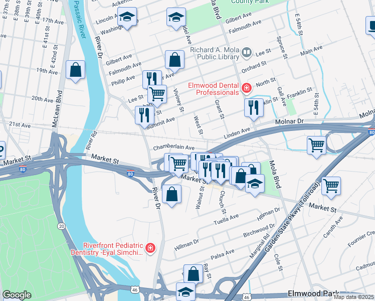 map of restaurants, bars, coffee shops, grocery stores, and more near 44 Chamberlain Avenue in Elmwood Park
