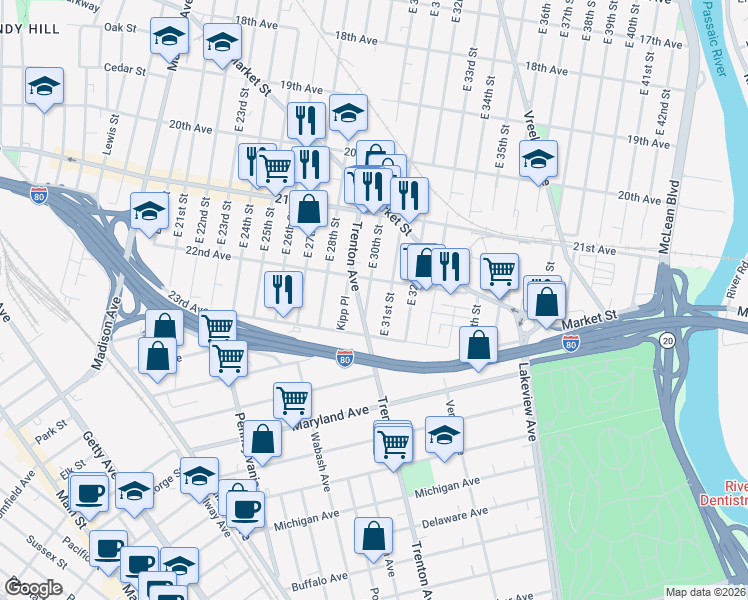 map of restaurants, bars, coffee shops, grocery stores, and more near 731 East 30th Street in Paterson