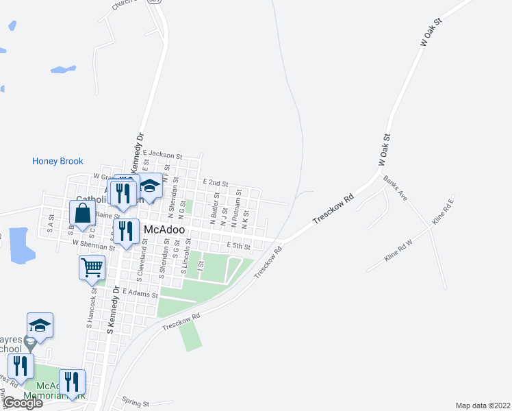 map of restaurants, bars, coffee shops, grocery stores, and more near 518 East Grant Street in McAdoo