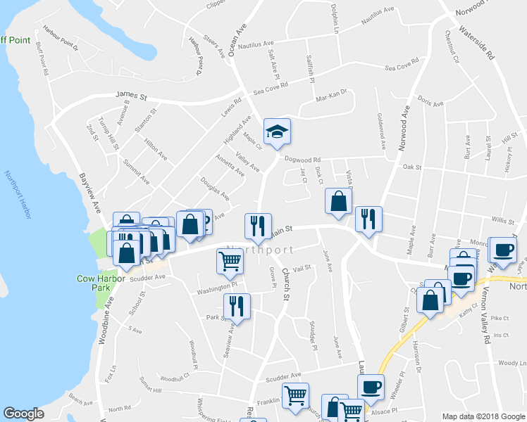 map of restaurants, bars, coffee shops, grocery stores, and more near 40 Ocean Avenue in Northport